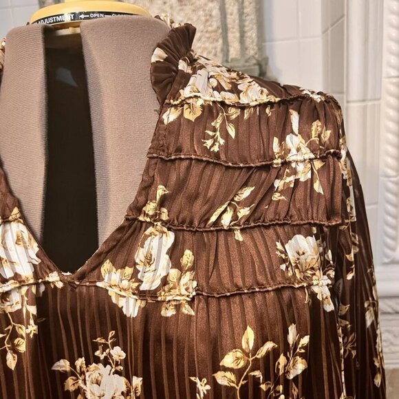 Anthropologie Calligraphie Top. Sz XL. Brown. Ruffled. Blouson. Ruched. B15 - Picture 5 of 7